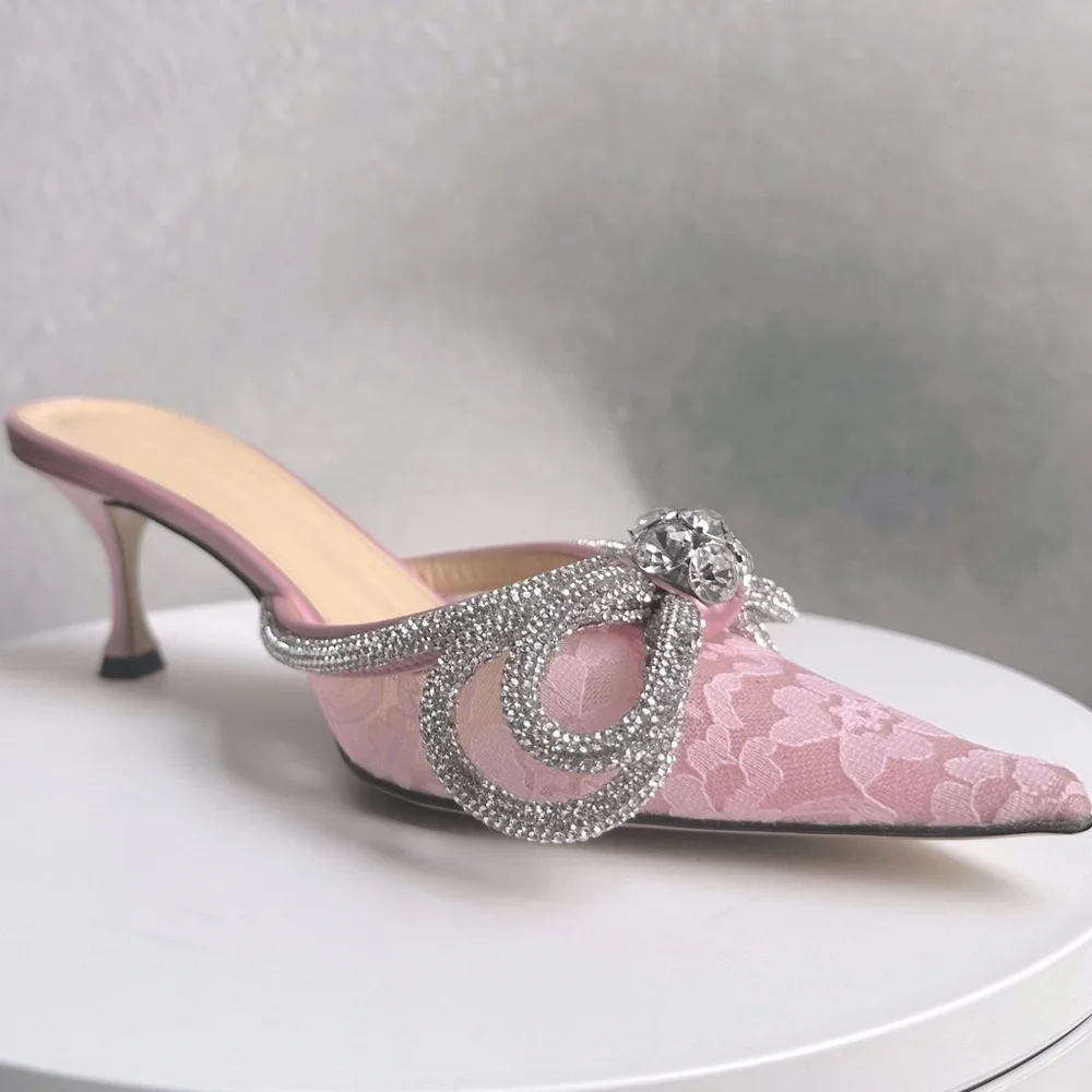 🌺MACH & MACH🌺 Double Bow Floral Lace Mules in Pink Size: 37.5 - Picture 3 of 14